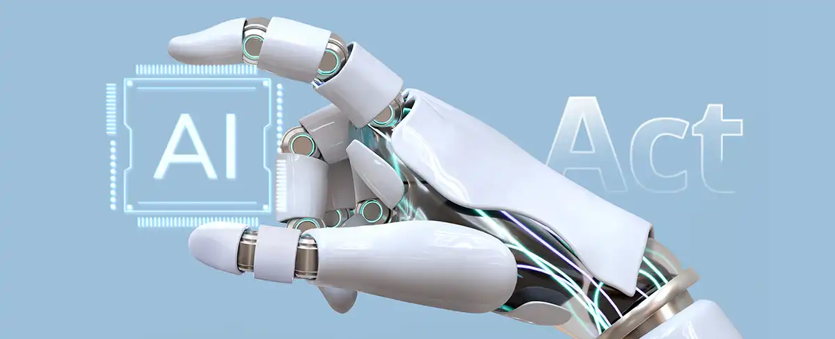 A robotic hand holding an “AI” sign