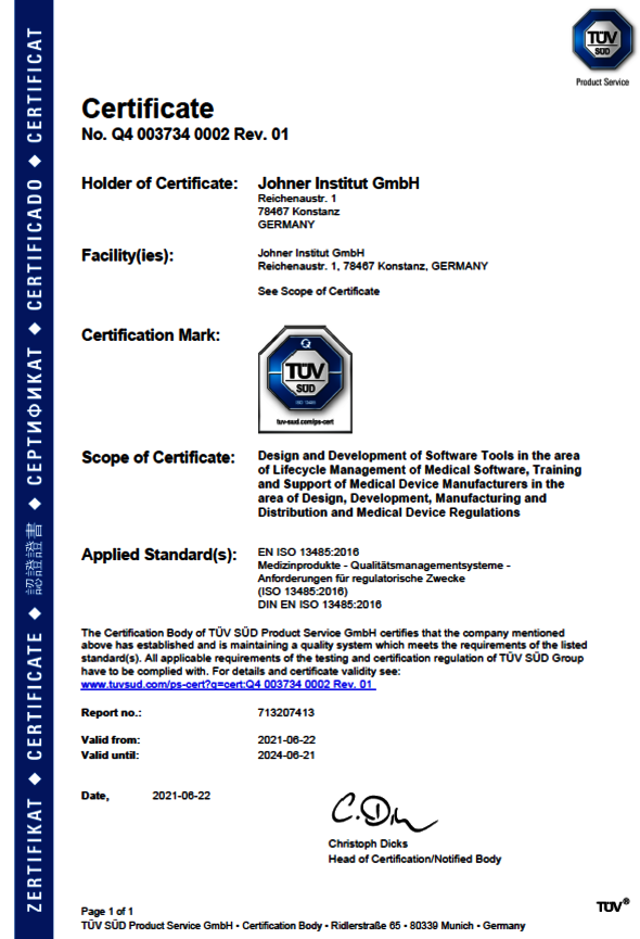 johner insititute example certificates