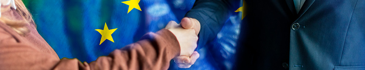 Handshake in front of a flag of the EU